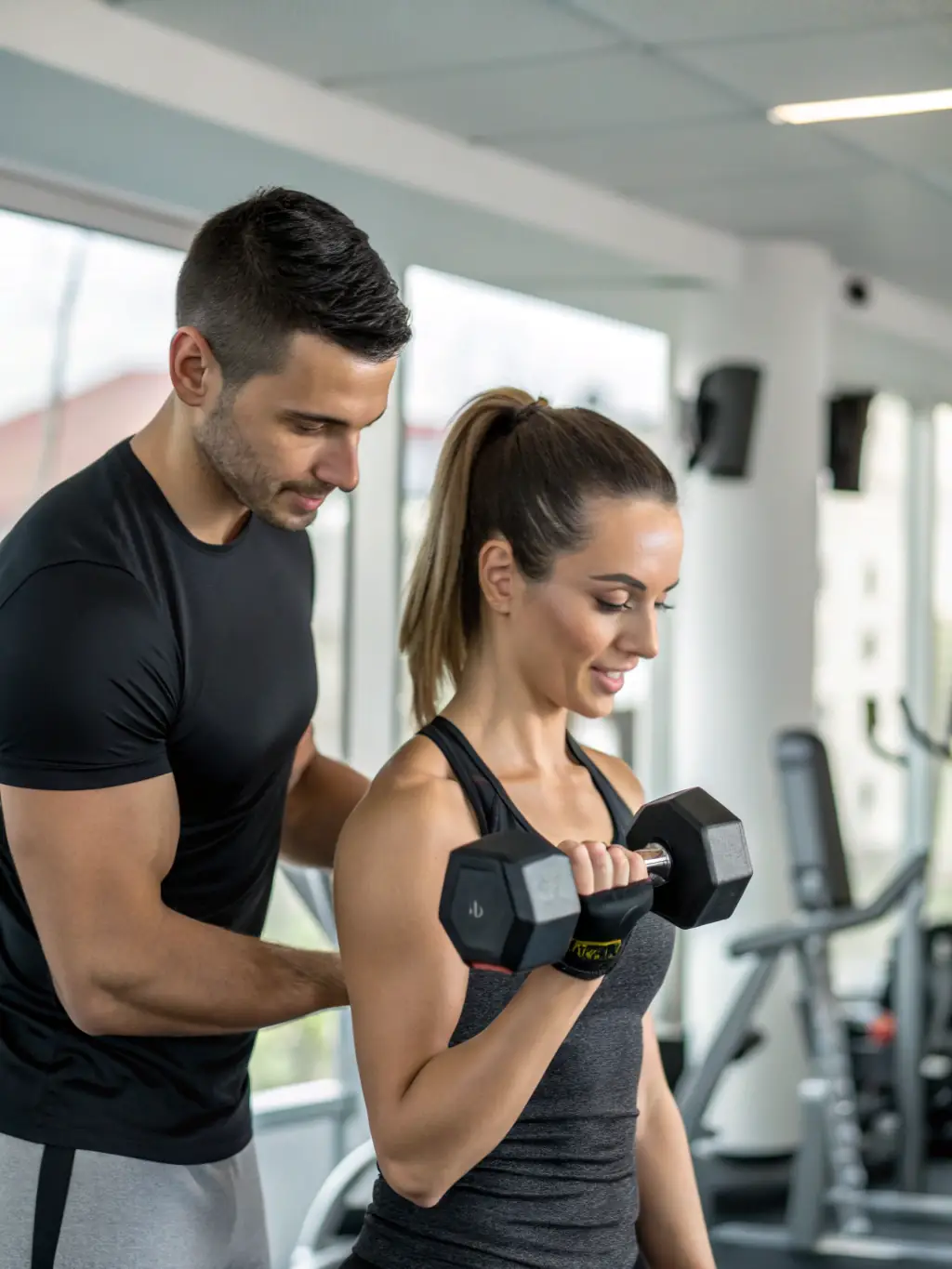 A focused image of an individual working with a personal trainer at RYTHM'AISNE FORME, highlighting the trainer's expertise and the client's dedication to achieving their fitness goals.