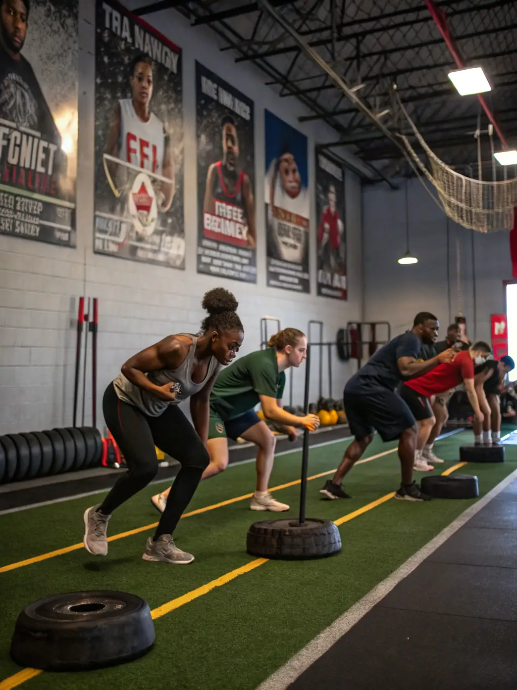 An inspiring image of athletes participating in a strength and conditioning program at RYTHM'AISNE FORME, demonstrating their power, agility, and teamwork.