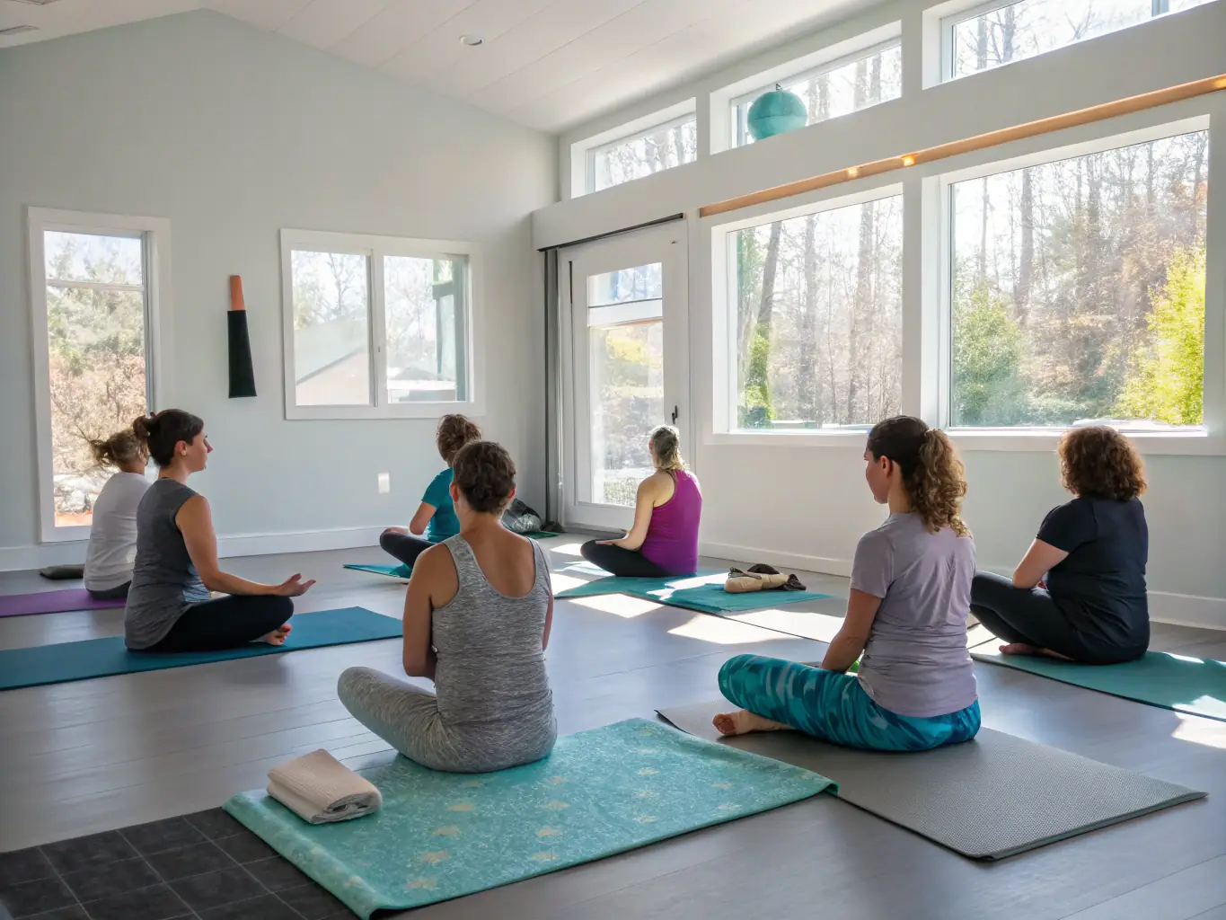 A serene image of a yoga class in progress at RYTHM'AISNE FORME, with participants in various poses, focusing on breathing and mindfulness, set in a calming studio environment.