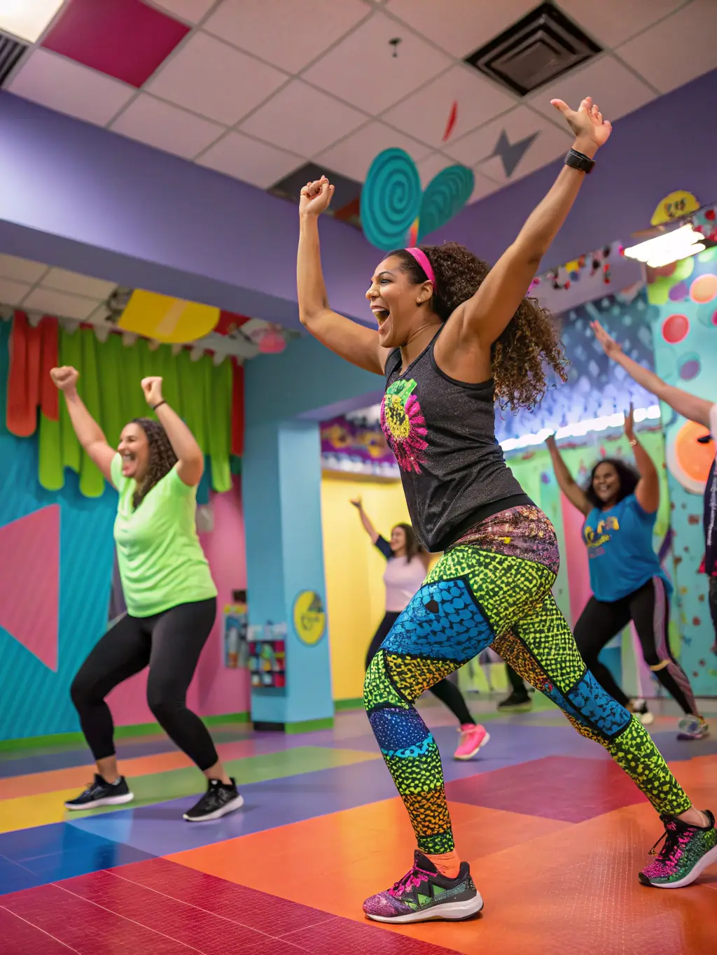 A vibrant image of a group fitness class in session at RYTHM'AISNE FORME, showcasing participants of varying ages and fitness levels engaged in an energetic workout, led by a motivating instructor.