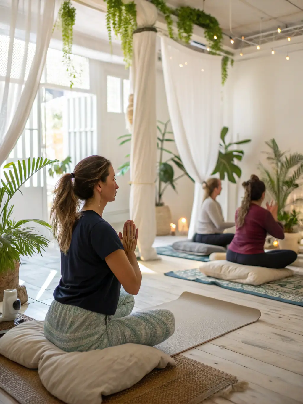 A serene image of participants in a yoga class at RYTHM'AISNE FORME, emphasizing relaxation, flexibility, and mindfulness in a peaceful studio setting.