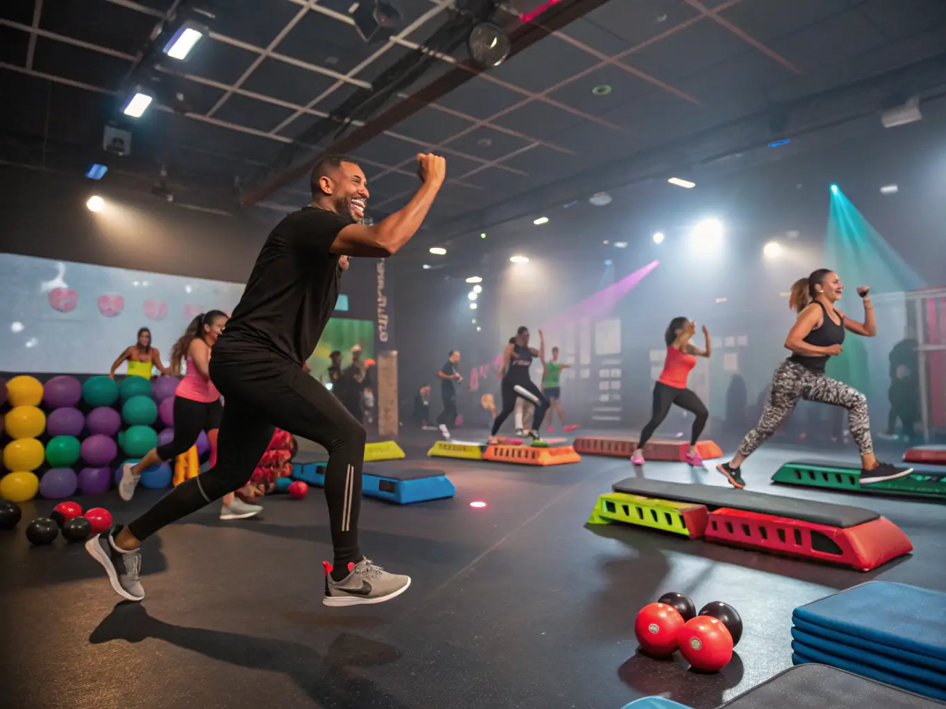 A dynamic shot of individuals participating in a high-energy aerobics class at RYTHM'AISNE FORME, showcasing diverse ages and fitness levels, with the instructor leading the class with enthusiasm.