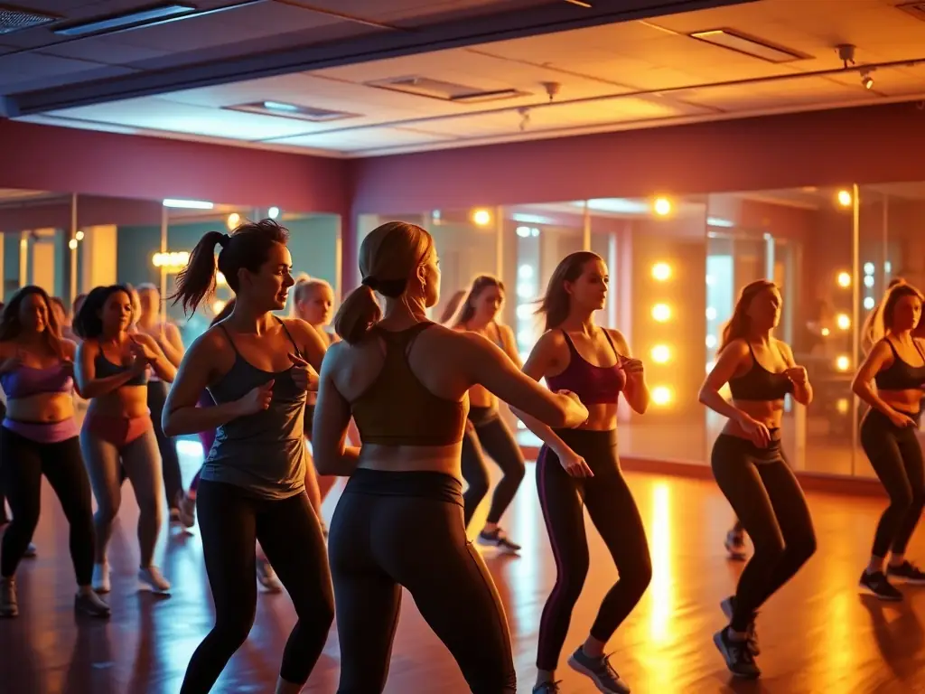 A vibrant image of a group fitness class in action, with participants enthusiastically following the instructor's lead in a brightly lit studio, promoting a sense of community and energy.