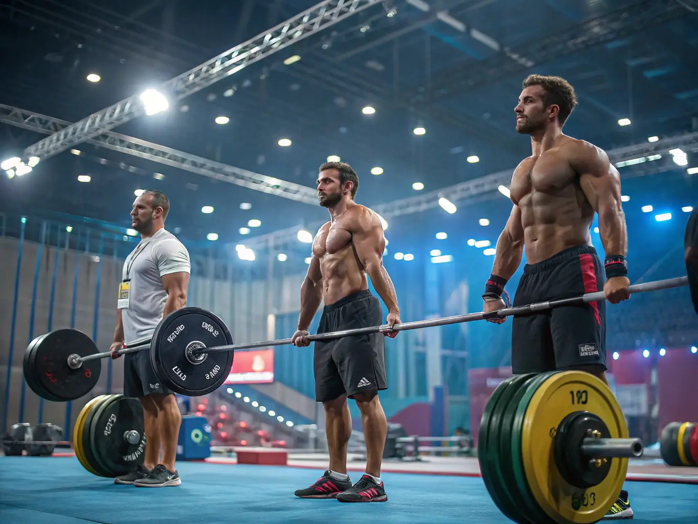 An image of athletes engaged in strength and conditioning exercises in a professional gym setting, highlighting the intensity and focus of the training.