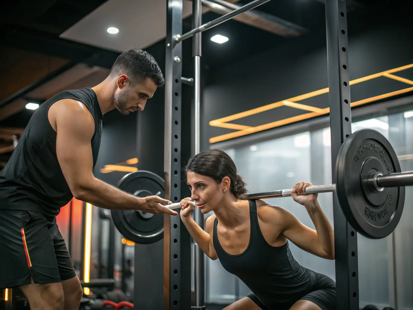 A focused shot of individuals engaged in a strength training session at RYTHM'AISNE FORME, using various equipment and weights, with a trainer providing guidance and support.